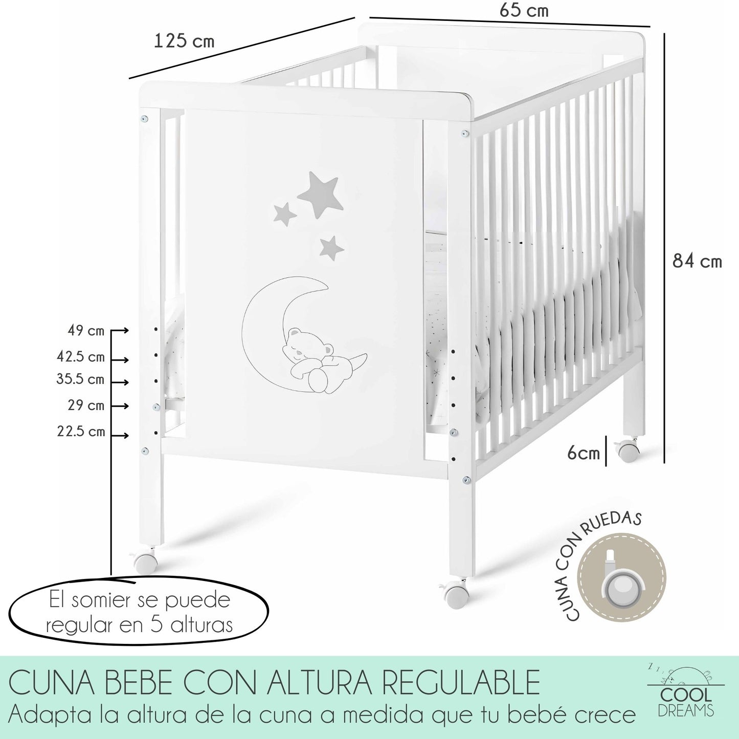 Cuna Bebé Indi Estilo Nórdico Infantil En Blanco Y De Madera De Haya, Con Colchón Morfeo Y Funda De Colchón Impermeable_3