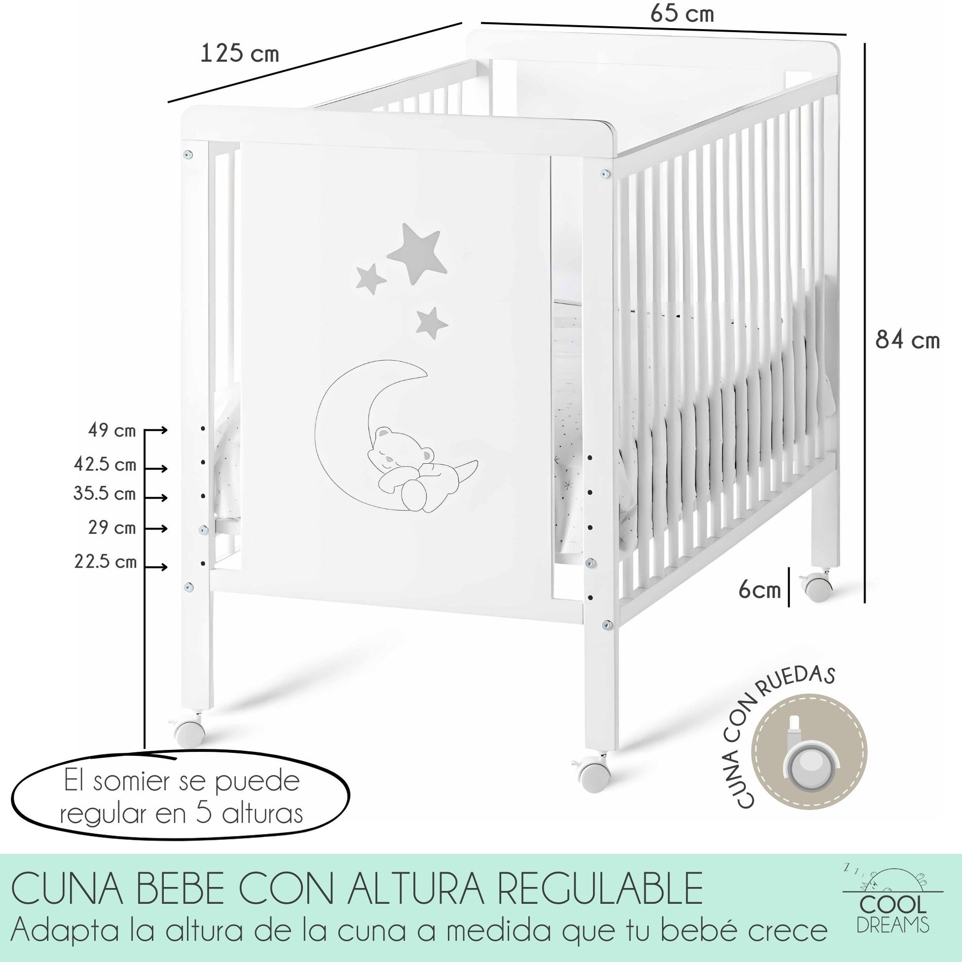 Cuna Bebé Indi Estilo Nórdico Infantil En Blanco Y De Madera De Haya, Con Colchón Morfeo Y Funda De Colchón Impermeable_3