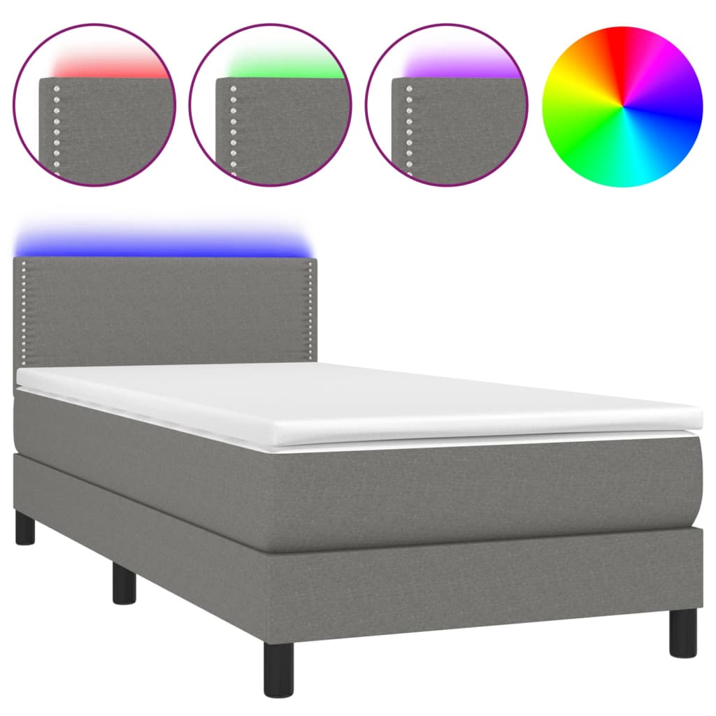 Cama Box Spring Colchón Y Luces Led Tela Gris Oscuro 100x200 Cm / Vetonek_5