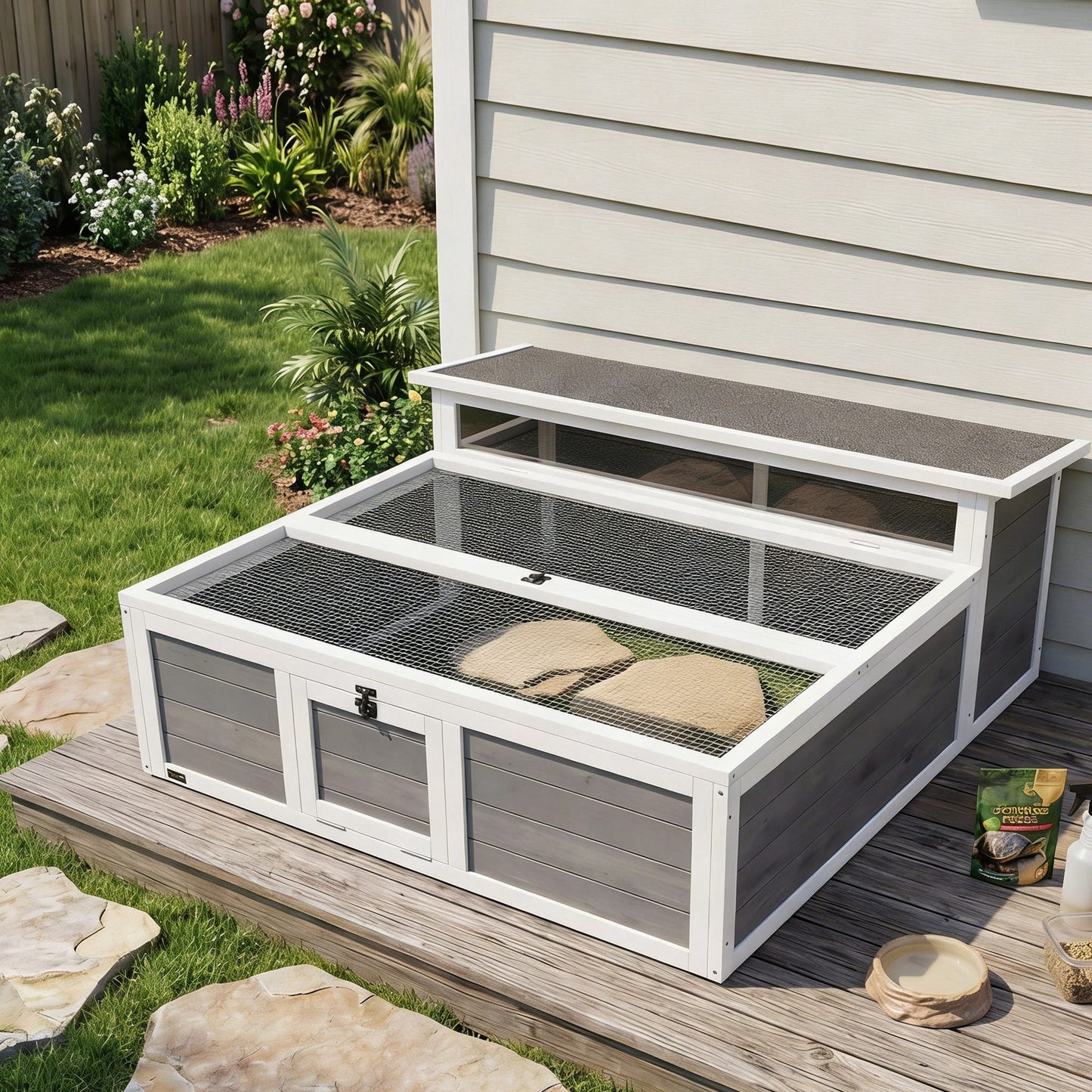 Pawhut Casa Para Tortugas De Madera Con Ventana Transparente Techo Abatible Gris_4