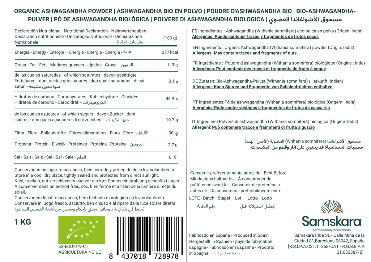 Ashwagandha En Polvo Bio - 1kg | Superalimento Ecológico Vegano Para Batidos, Smoothies Y Zumos, Sin Azúcares Añadidos_1