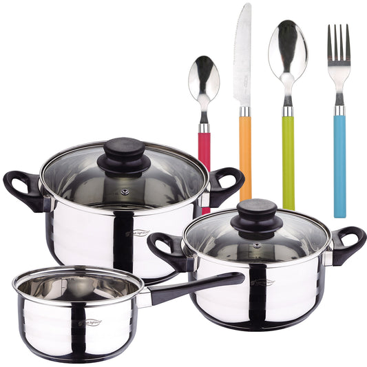 Pack Batería De Cocina 5 Piezas + Set De Cubertería 24pc En Acero Inoxidable_0