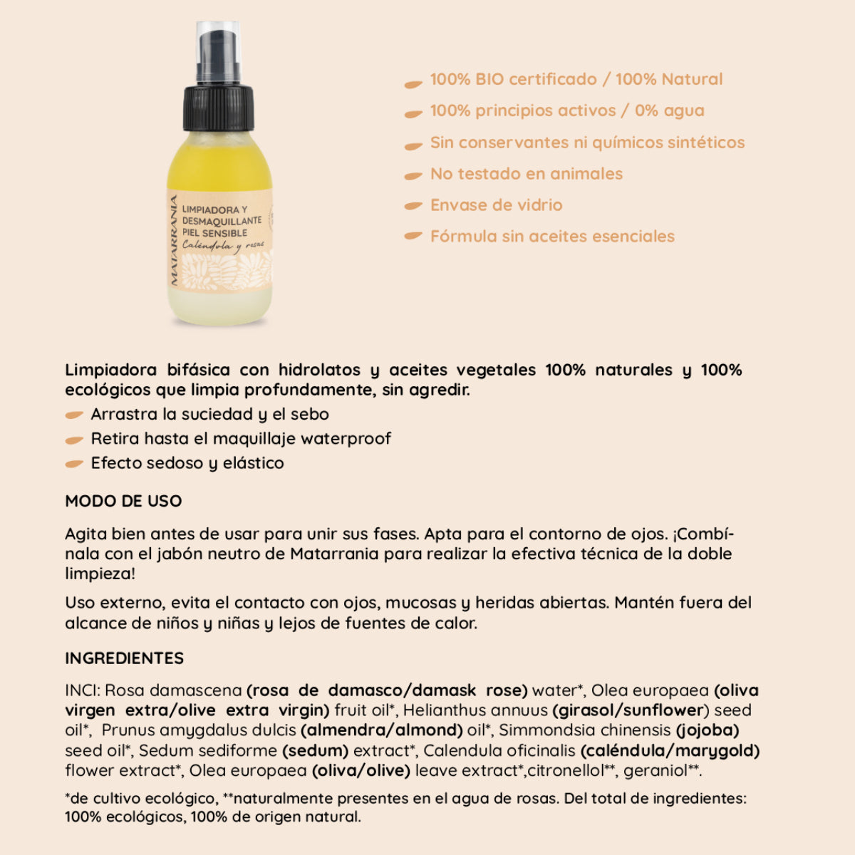 Limpiadora y Desmaquillante piel sensible Matarrania 100 ml