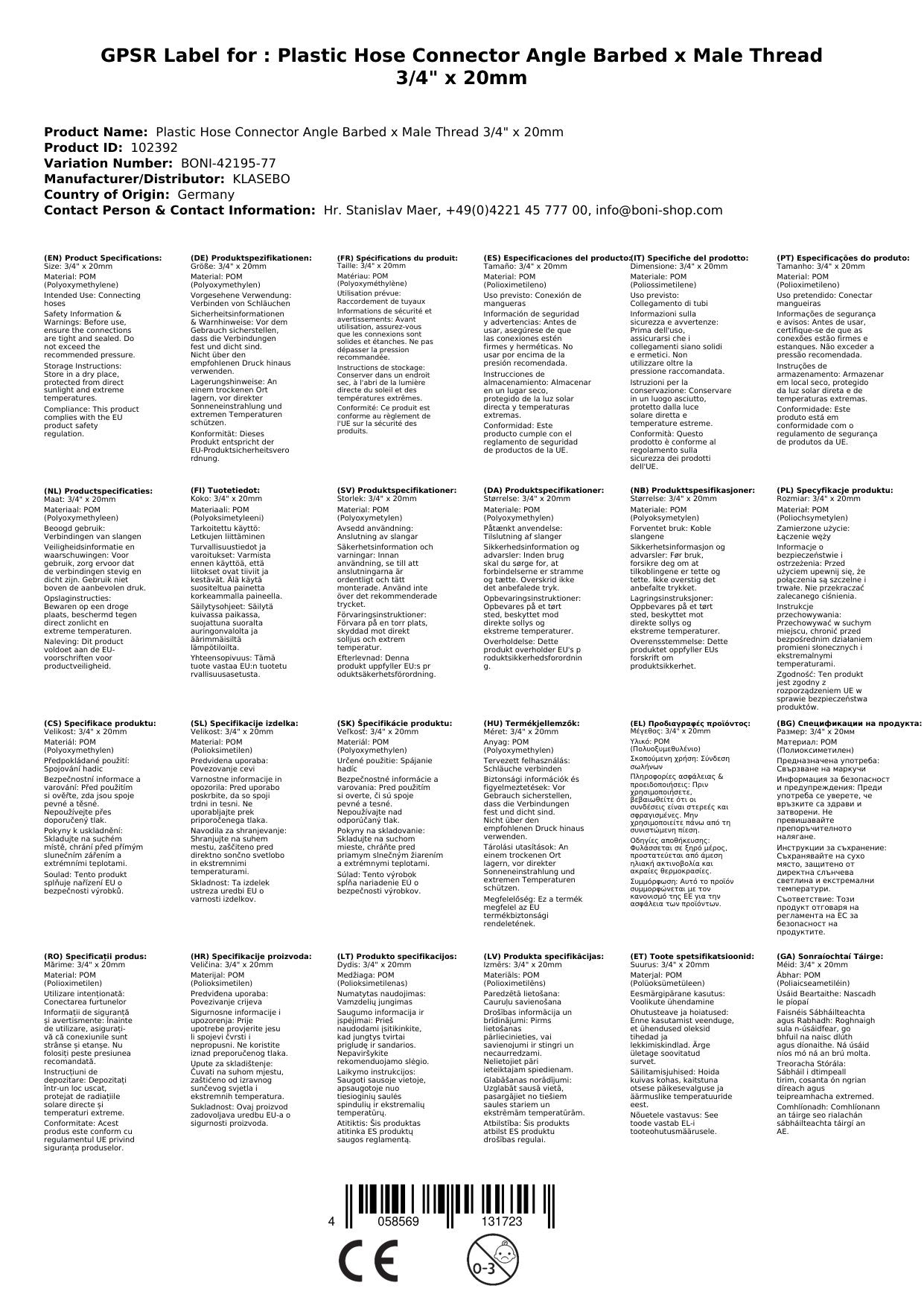 Conector De Manguera De Plástico Ángulo Boquilla X Ag 3/4 X 20mm