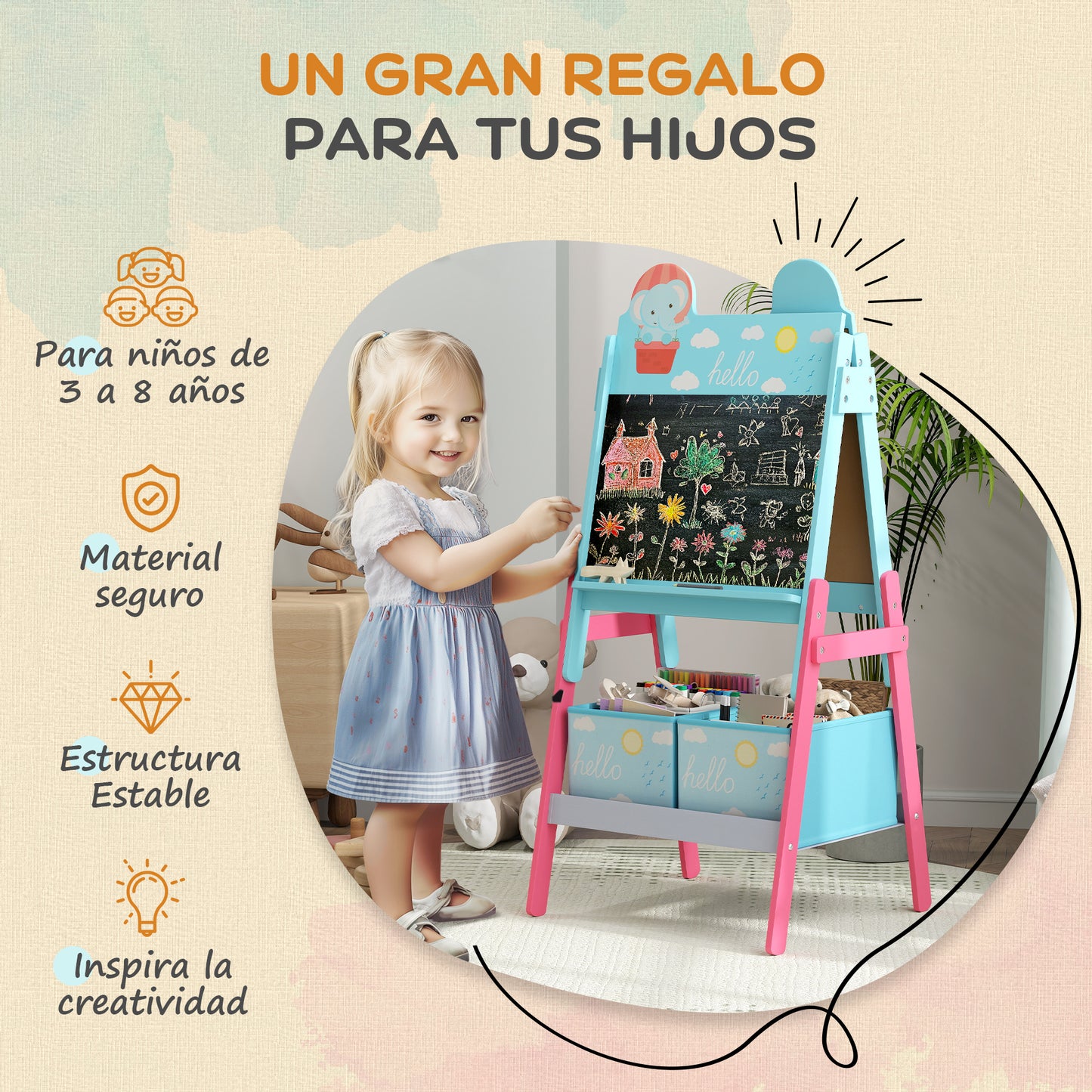 Aiyaplay Pizarra Infantil Caballete 2 En 1 Con 2 Cajas De Tela Azul_5