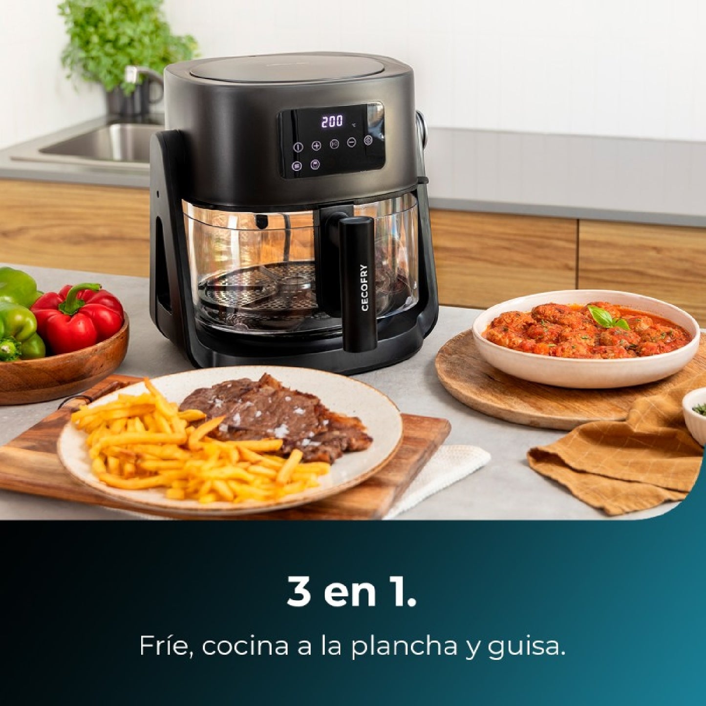 Freidora De Aire Sin Aceite De 4,5 L Air Fryer Cecofry Flip&grill 4500. 1500 W, 3 En 1: Freidora, Grill Y Olla, 6 Menús, Cubeta De Cristal, Temperat_2