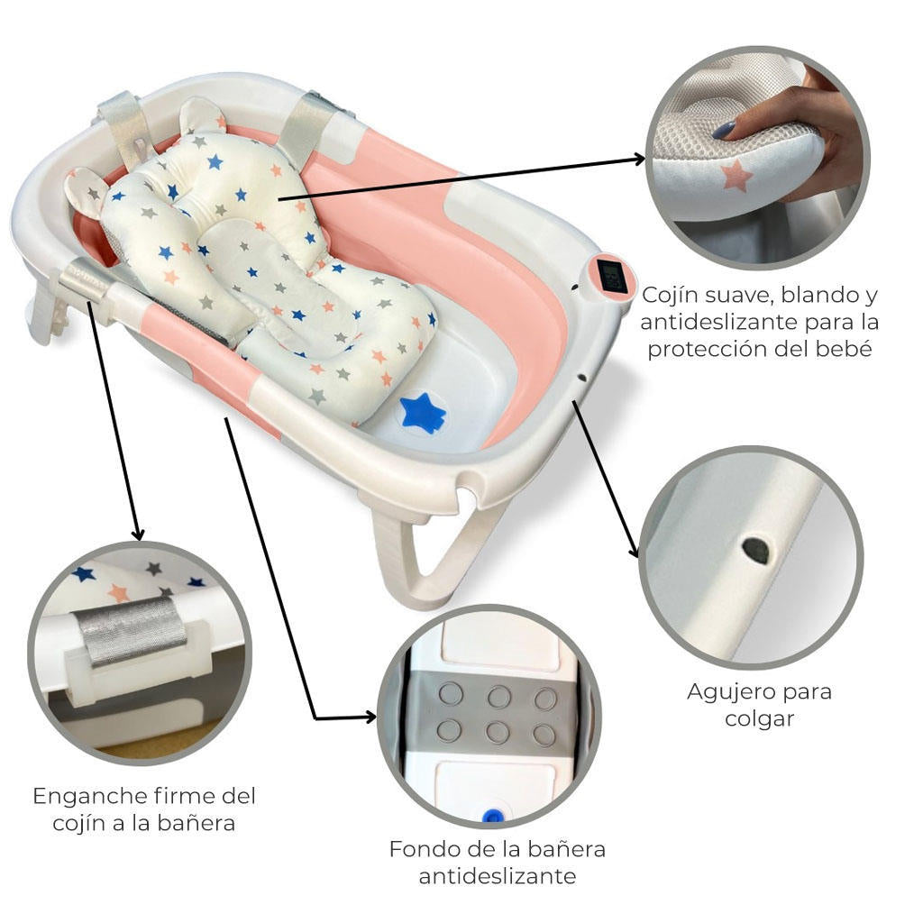 Bathby Bañera Bebé Plegable Con Termómetro, Cojín Antideslizante, Patas Antideslizantes (rosa Oasis)_3