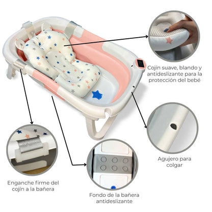 Bathby Bañera Bebé Plegable Con Termómetro, Cojín Antideslizante, Patas Antideslizantes (rosa Oasis)