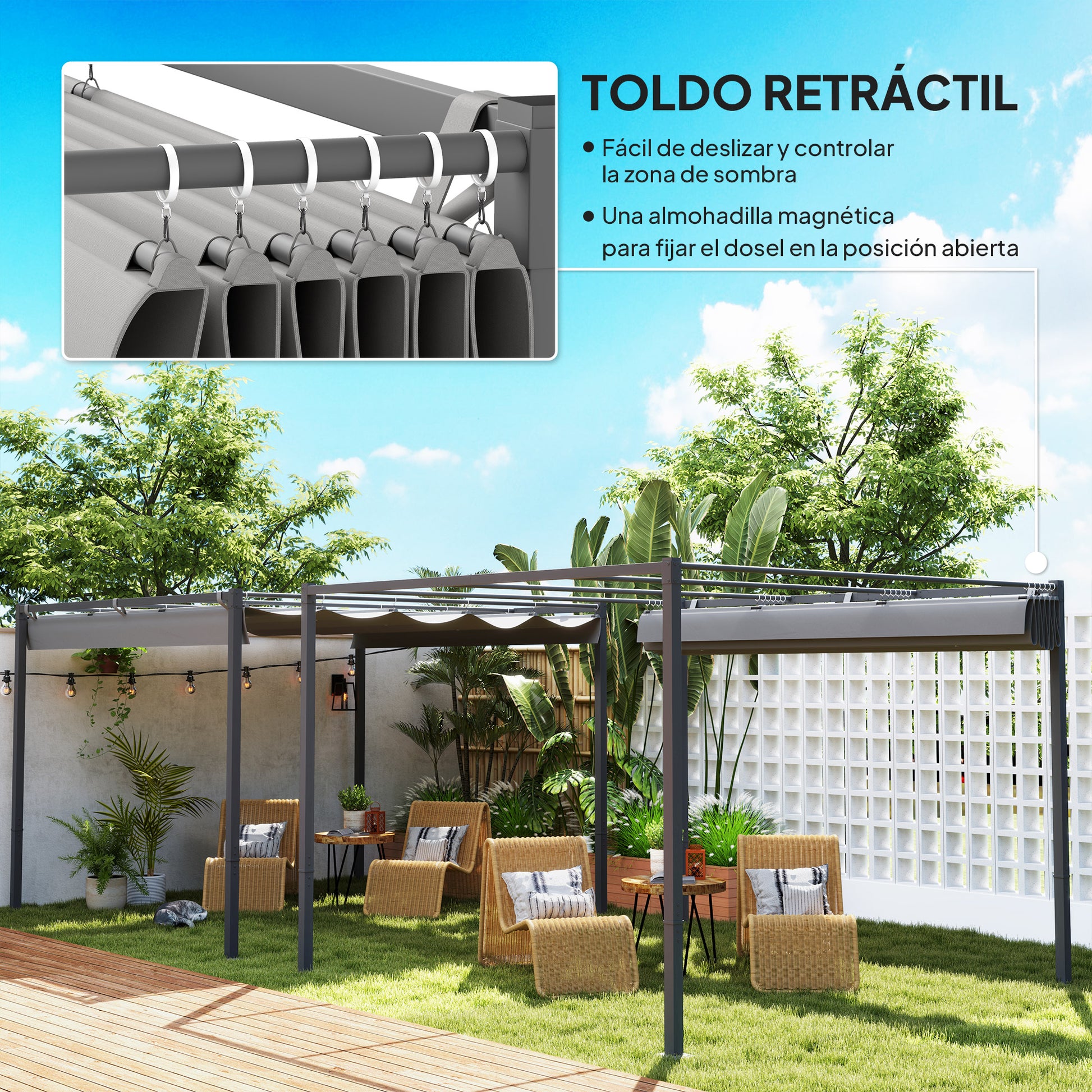 Outsunny Pérgola Con Techo Retráctil Pérgola De 3x3 M Con Cierre Magnético Gris_3