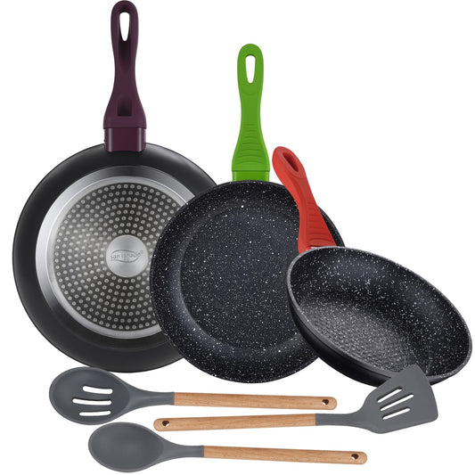 Pack De 3 Sartenes De 20/24/28cm En Aluminio Forjado + Set De 3pc Utensilios De Cocina En Silicona Y Madera_0
