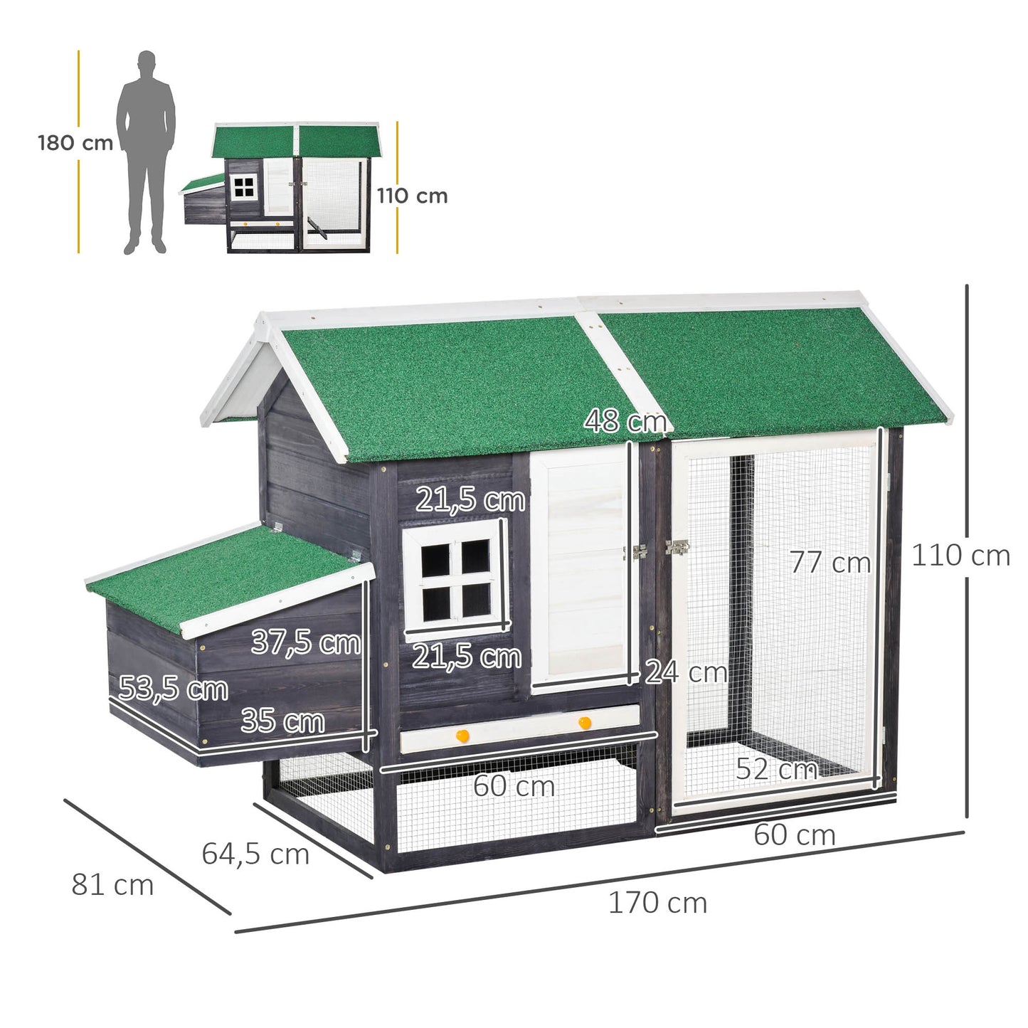 Pawhut Gallinero Madera Exterior Con Nido Corral Y Techo Asfáltico 170x81x110 Cm_2