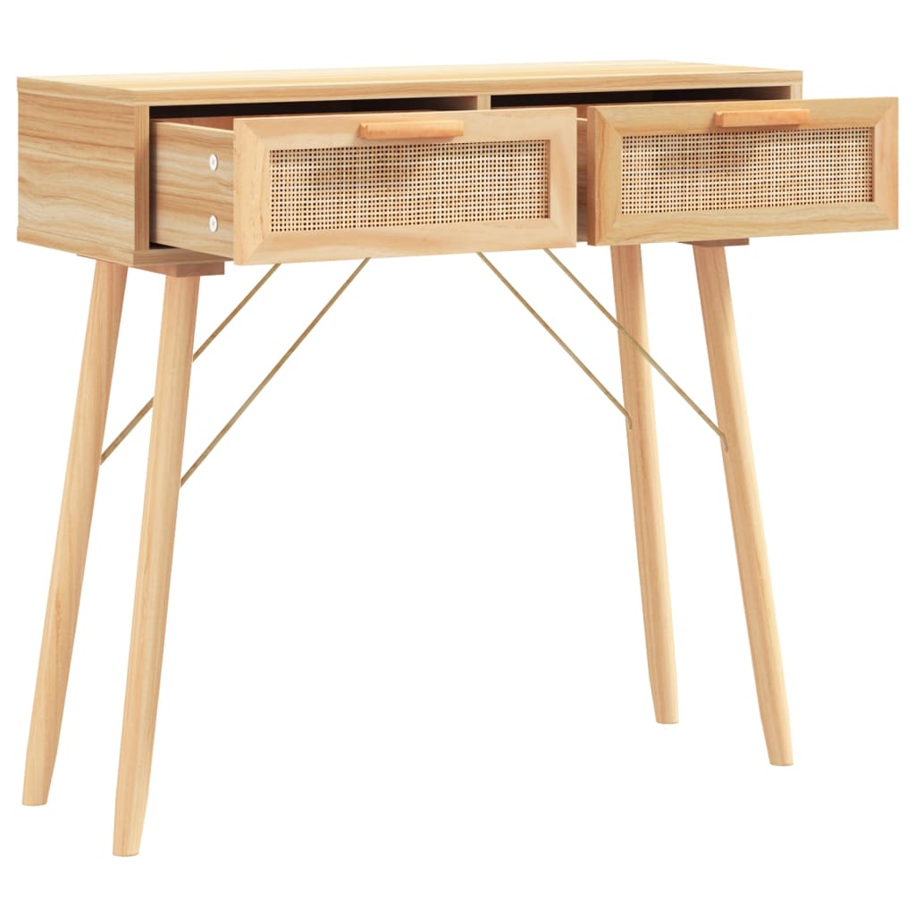Mesa Consola Madera Pino Maciza Ratán Natural Marrón 80x30x75cm_1
