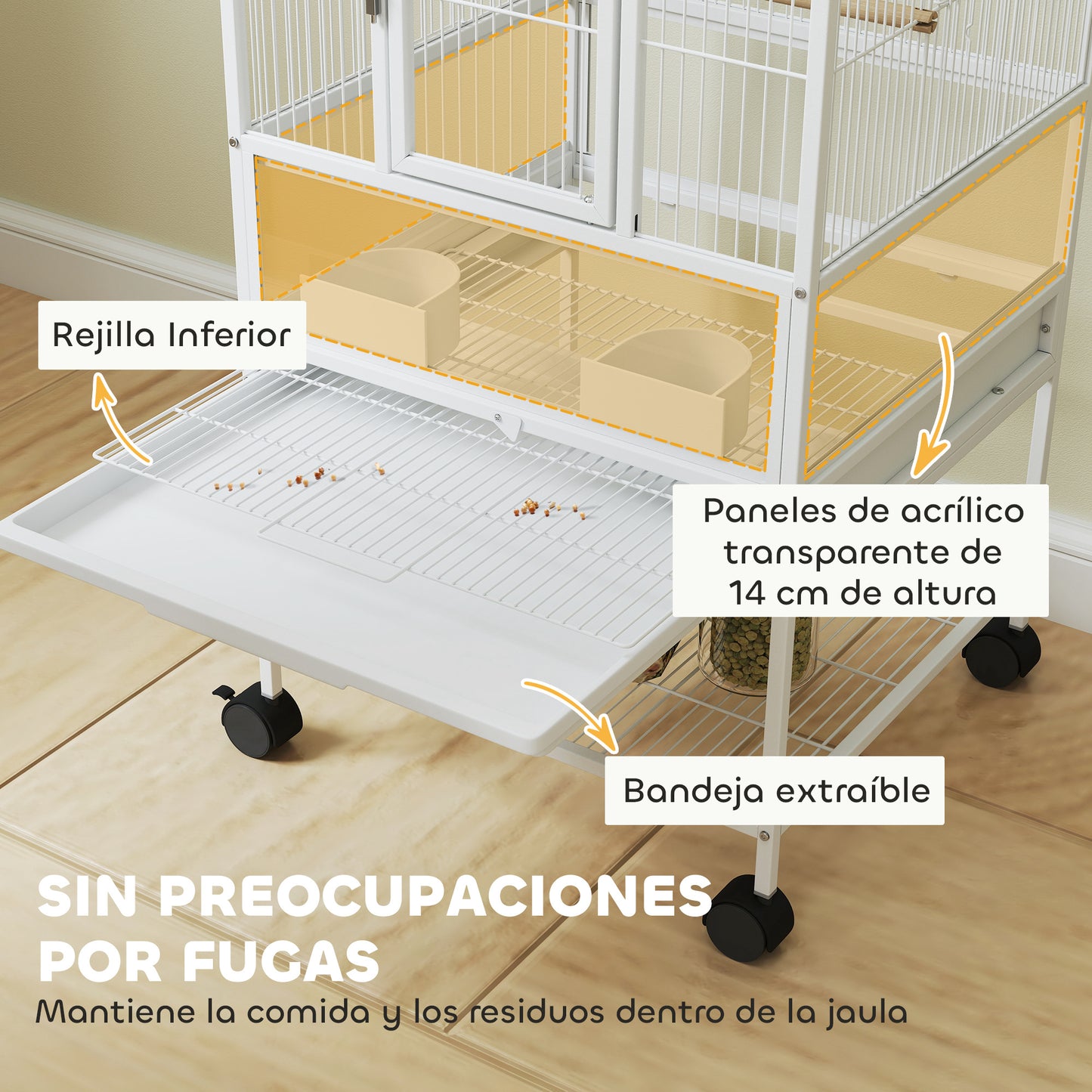 Pawhut Jaula Para Pájaros Con Ruedas Paneles Acrílicos 48x46x83 Cm Blanco_3