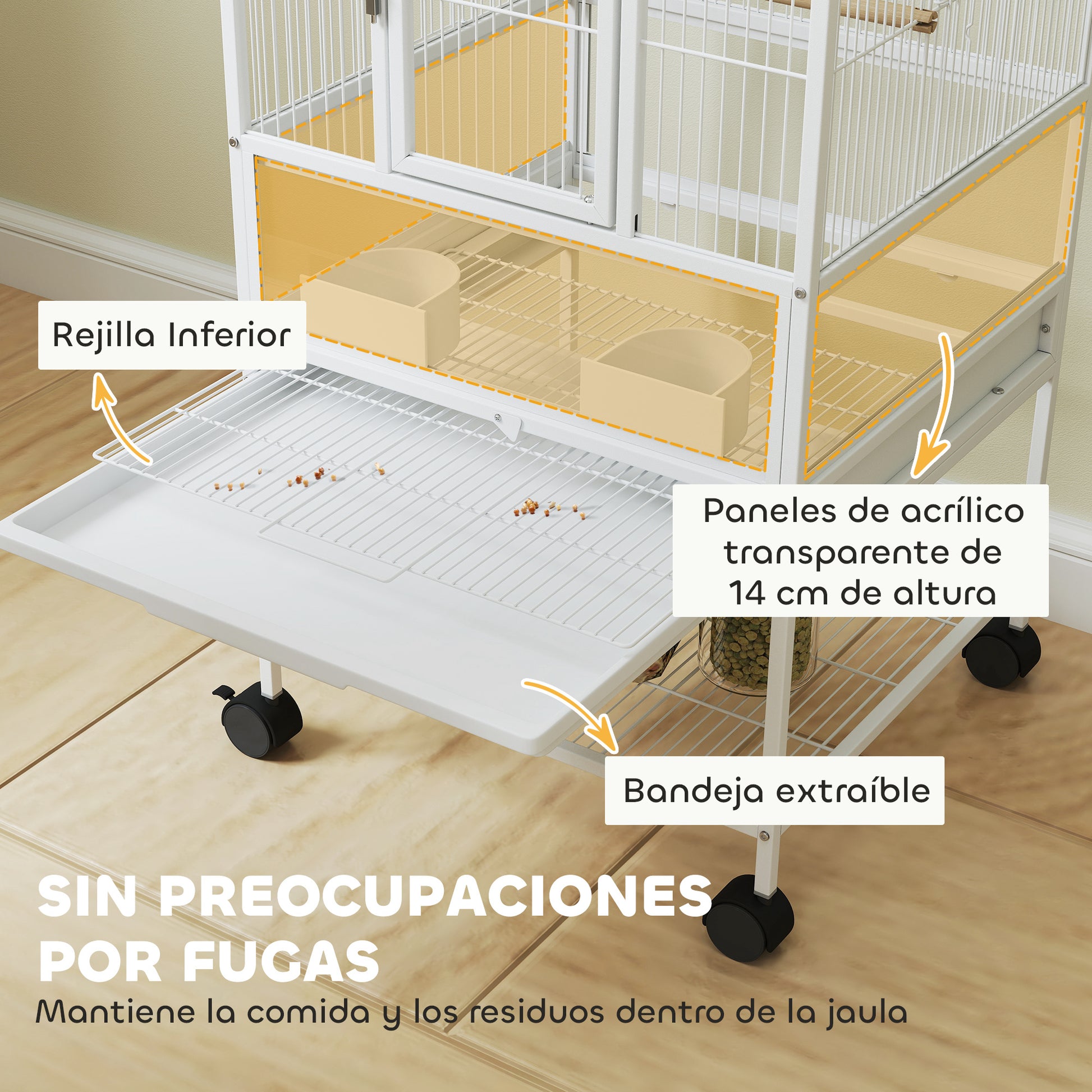 Pawhut Jaula Para Pájaros Con Ruedas Paneles Acrílicos 48x46x83 Cm Blanco_3