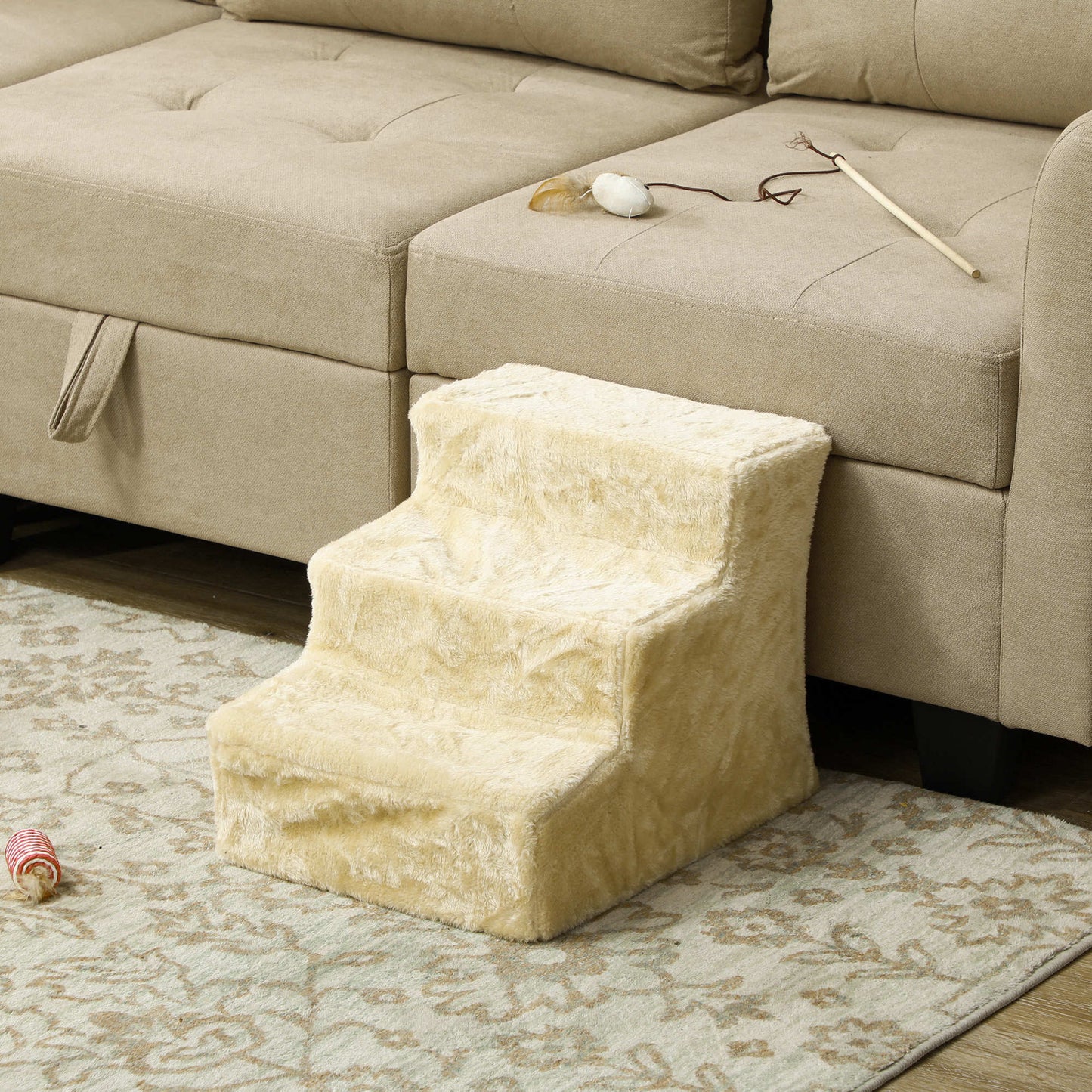 Pawhut Escalera Para Mascotas De 3 Peldaños Con Funda Extraíble 46x35x35cm Beige_1