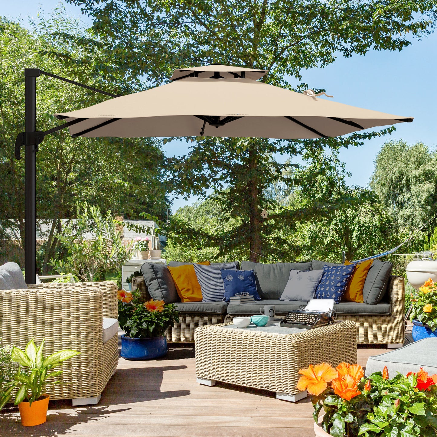 Outsunny Sombrilla De Jardín Inclinable 300x300 Cm Parasol De Aluminio Caqui_1