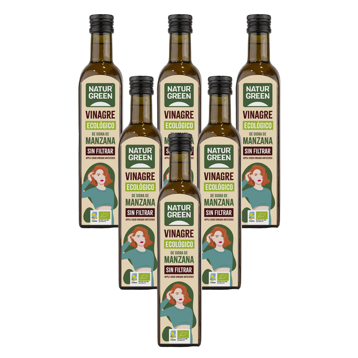Pack 6x Vinagre de Sidra de Manzana Bio sin filtrar NaturGreen 500 ml