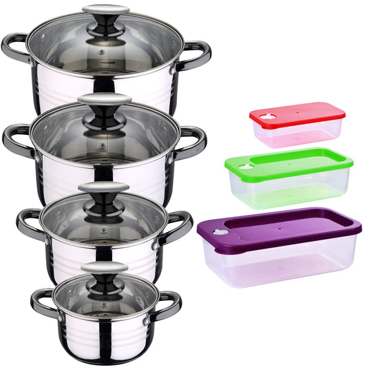Bateria De Cocina 8 Piezas Apta Para Induccion San Ignacio Hita En Acero Inoxidable Con Set De 3 Fiambreras Hermeticas De Plastico Jolie_0