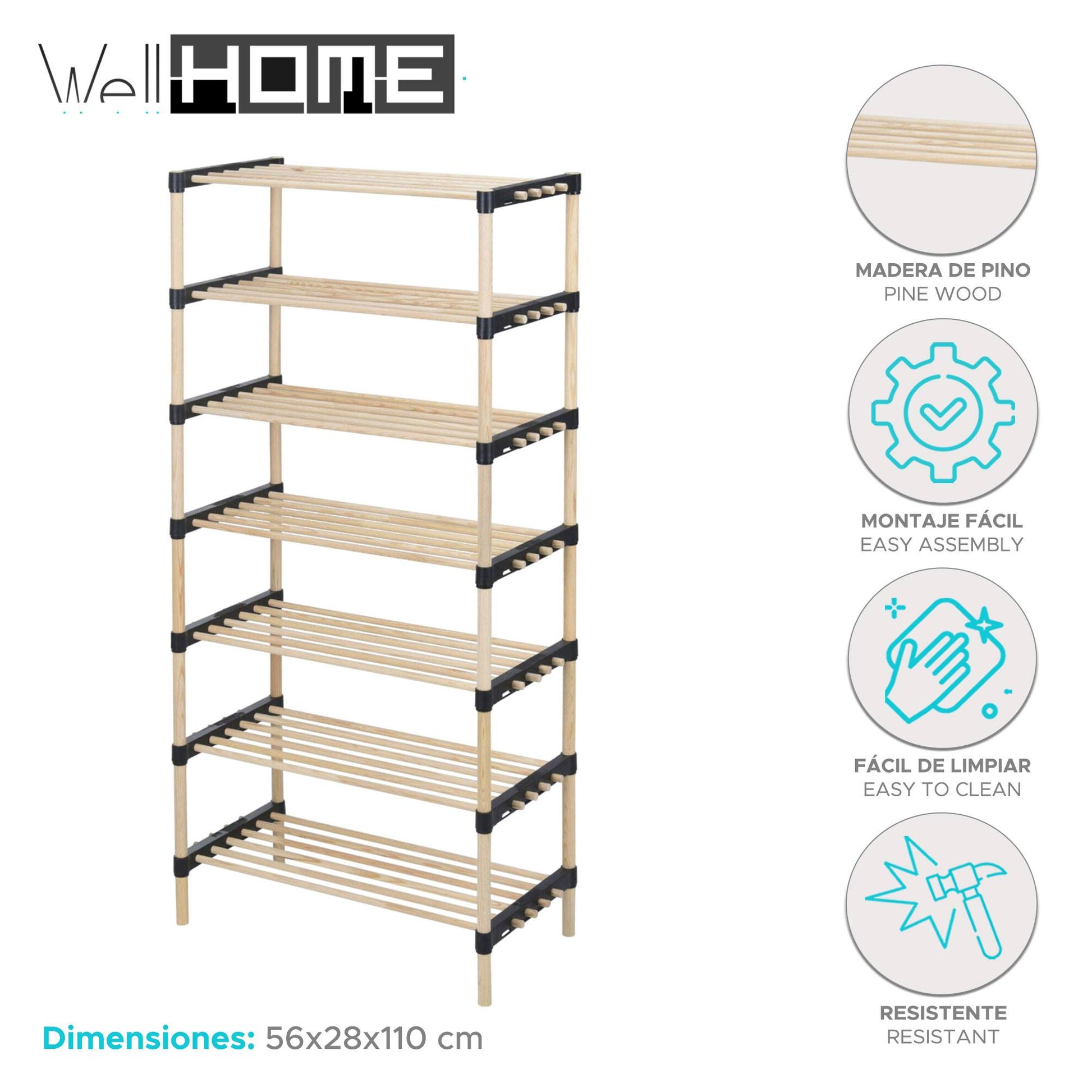 Well Home Zapatero De 7 Estantes En Madera Y Metal H.110cm