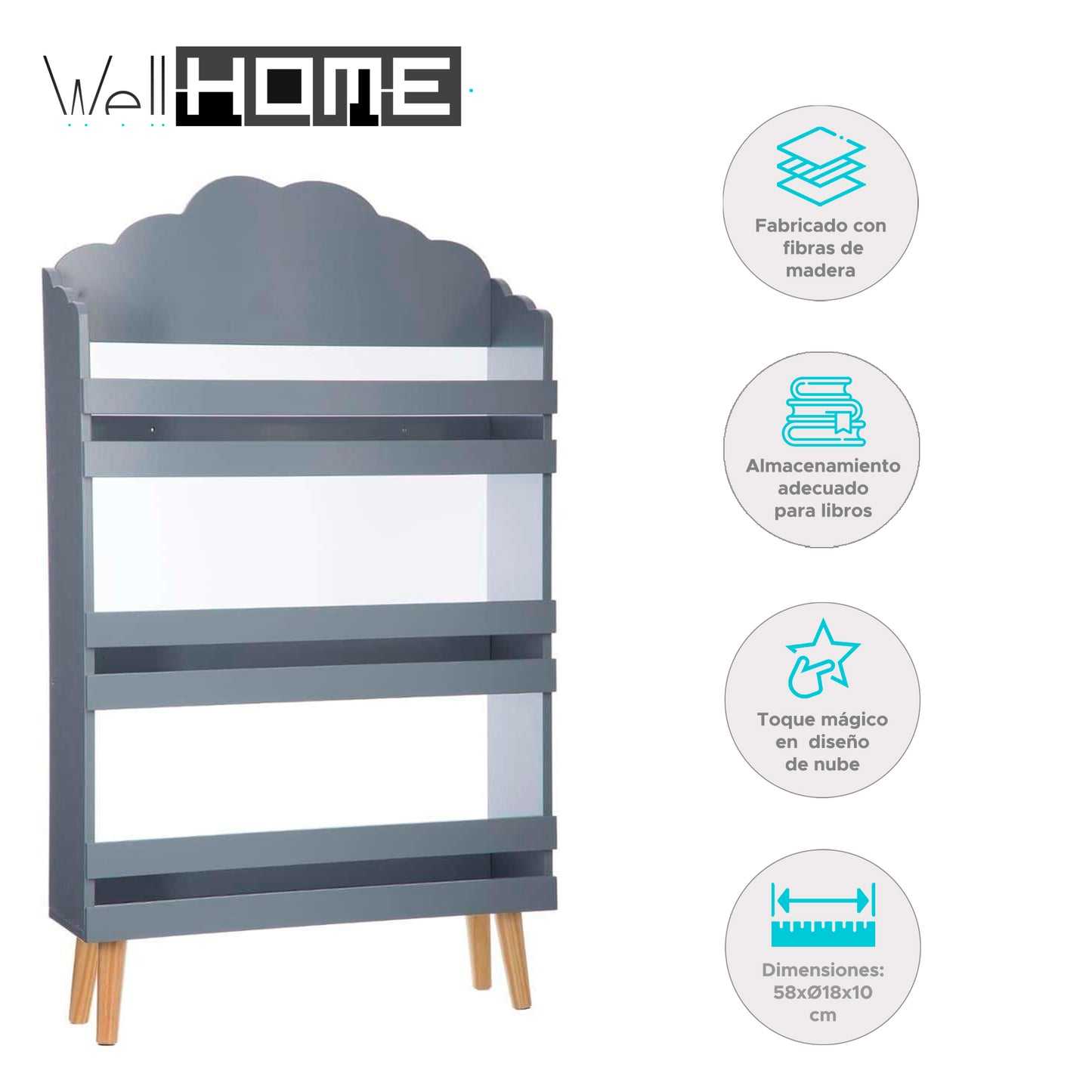 Wellhome Librería Infantil 3 Estantes Gris