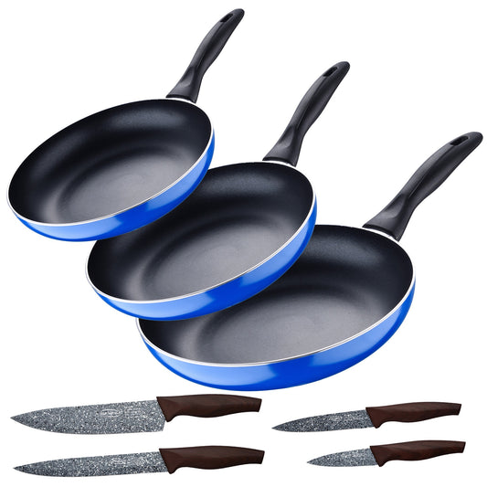 Set 3pc Sarten (16+20+24cm) Aluminio Prensado, Inducción, Azul Navy Paradise Con Set 4pc Cuchillos Acero Inoxidable