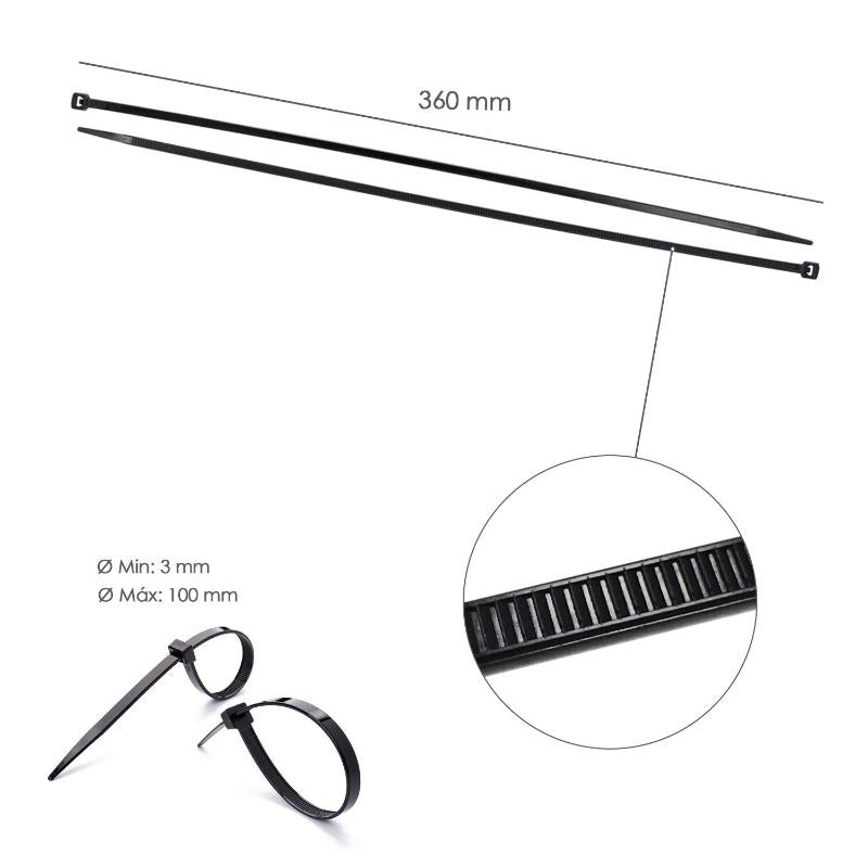 Brida Nylon 100%. Color Negro 4,5 X 360 Mm. Bolsa 100 Unidades. Abrazadera Plastico, Organizador Cables, Alta Resistencia_1