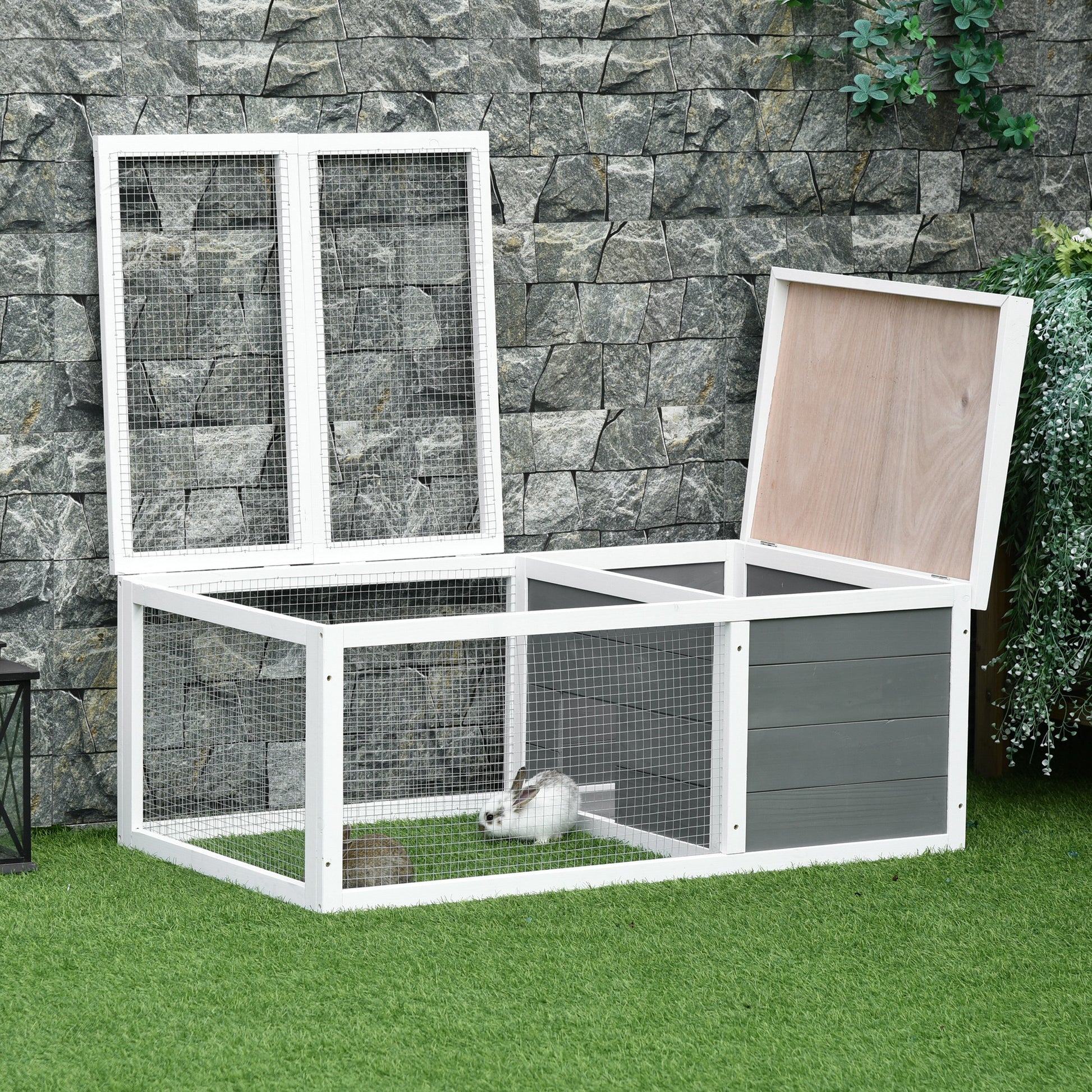 Pawhut Conejera De Exterior Conejos Con Techo Abatible Asfáltico 115x66x47,5 Cm_3