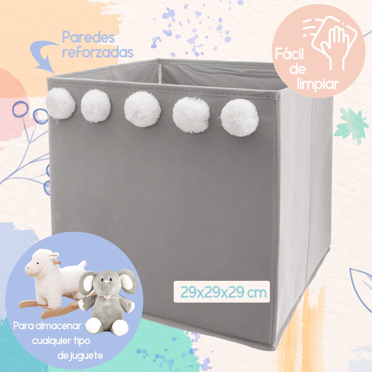 Set De 3 Cajas De Almacenamiento Infantil Con Pompones Color Gri29 X 29 X 29 Cm