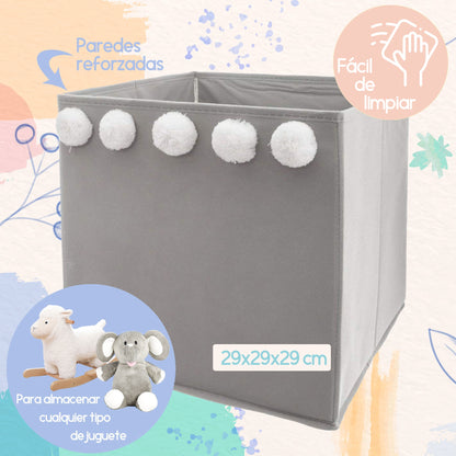 Set De 3 Cajas De Almacenamiento Infantil Con Pompones Color Gri29 X 29 X 29 Cm