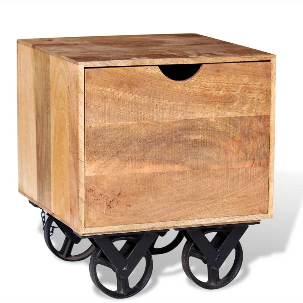 Mesa Auxiliar Con Cajón Ruedas Madera De Mango 40x40x45 Cm_3