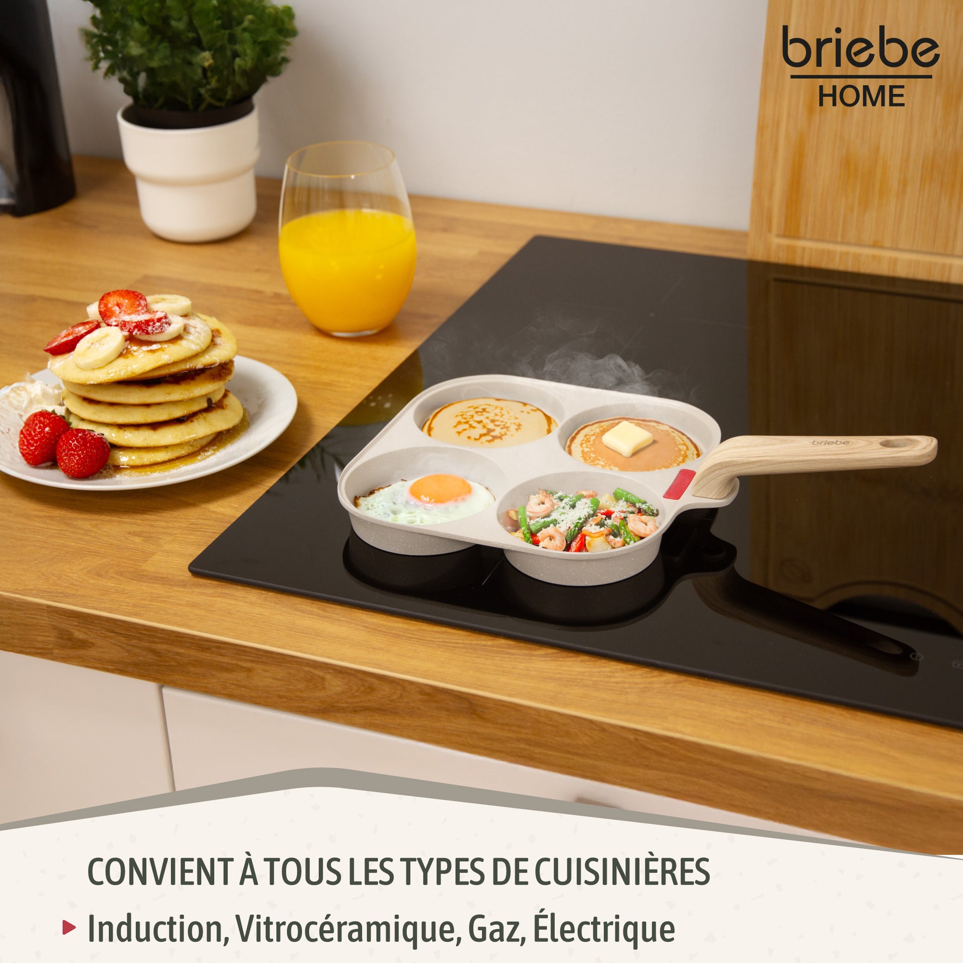 Briebe Sartén 4 Tortitas Huevos Fritos Poché, Tapa Vidrio, Aluminio Antiadherente Libre De Ptfe Y Pfoa, Fpe1176, Crema_4