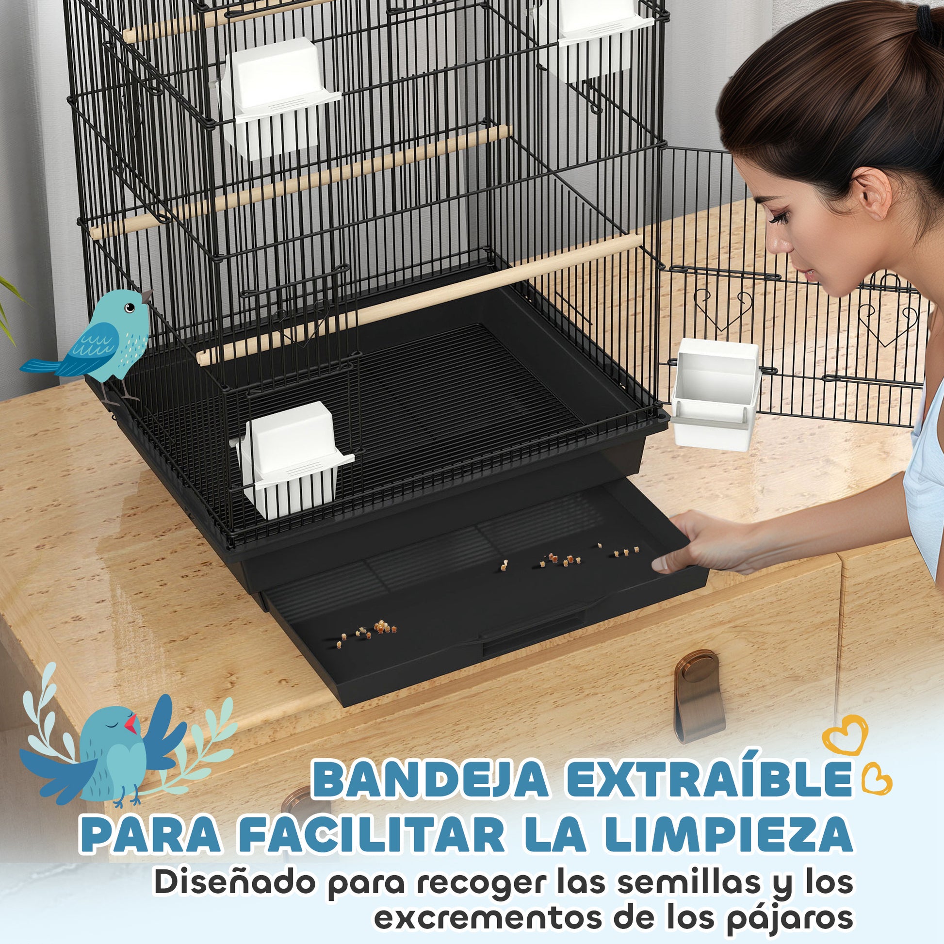 Pawhut Jaula Para Pájaros De Acero Con Comederos Perchas 50,5x41x104 Cm Negro_4