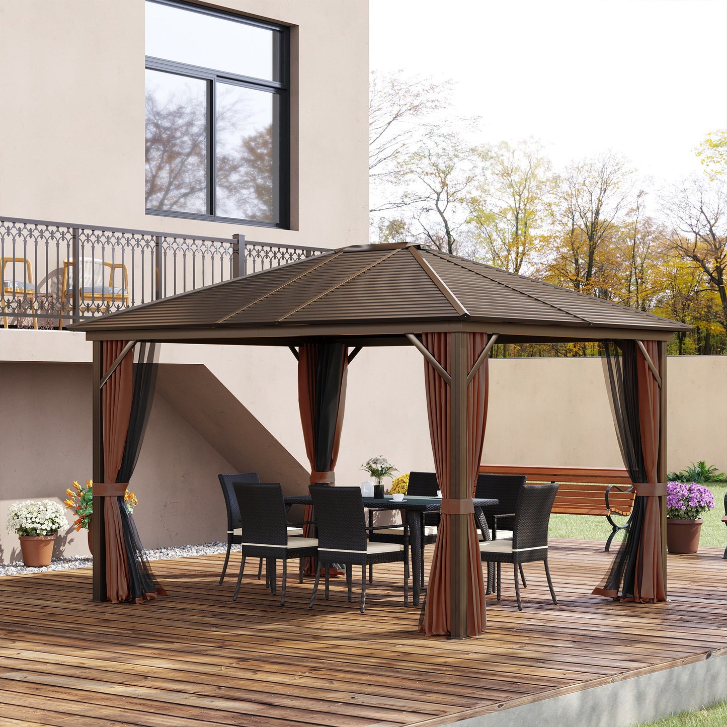 Outsunny Cenador Con Techo Carpa De Jardín Con Laterales Y Mosquitera Marrón_1
