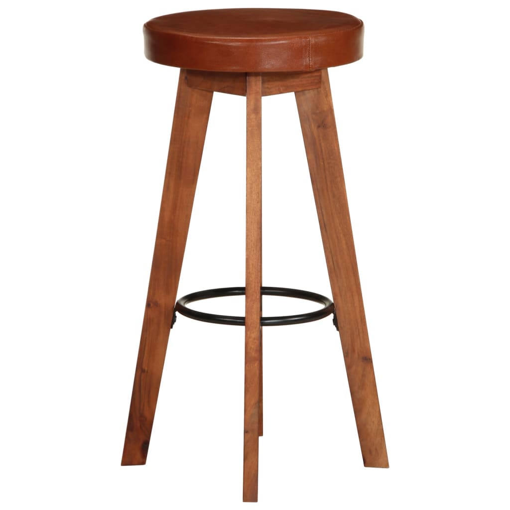 Taburetes De Cocina 2 Uds Cuero Auténtico Madera Maciza Acacia_2
