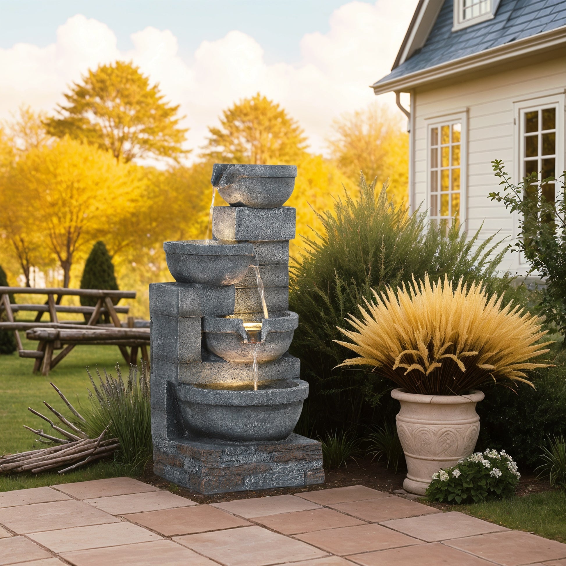 Outsunny Fuente De Agua Con Iluminación Led 38x35x78,5 Cm Gris_4