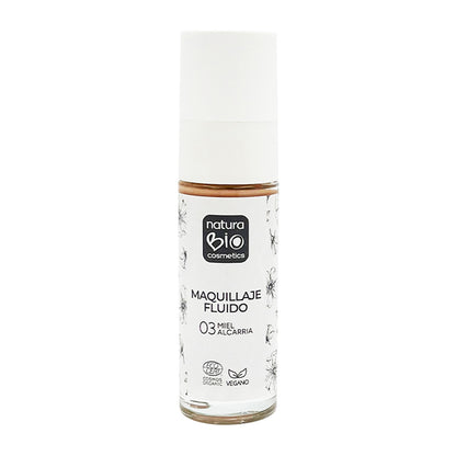 Maquillaje Fluido 03 Miel Alcarria, Acabado Impecable, Con Rosa Mosqueta y Manteca de Karité,  NaturaBio Cosmetics, 30ml