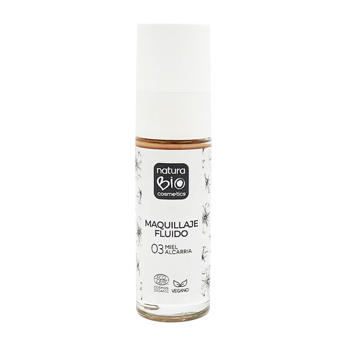 Maquillaje Fluido 03 Miel Alcarria, Acabado Impecable, Con Rosa Mosqueta y Manteca de Karité,  NaturaBio Cosmetics, 30ml