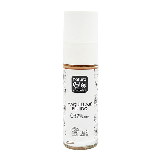 Maquillaje Fluido 03 Miel Alcarria, Acabado Impecable, Con Rosa Mosqueta y Manteca de Karité,  NaturaBio Cosmetics, 30ml