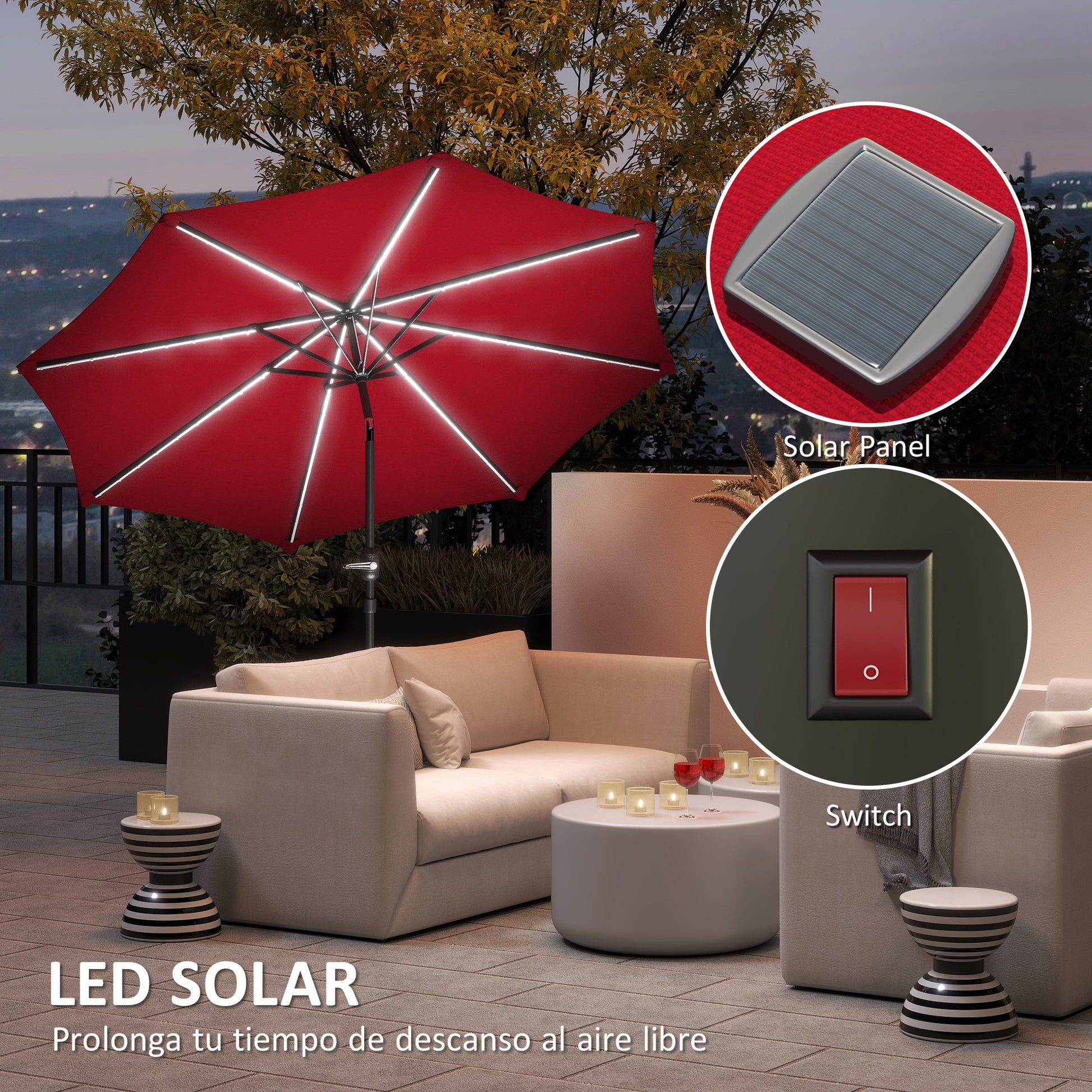 Outsunny Sombrilla Terraza Exterior Ø292x252 Cm Con Inclinación Ajustable Rojo_3