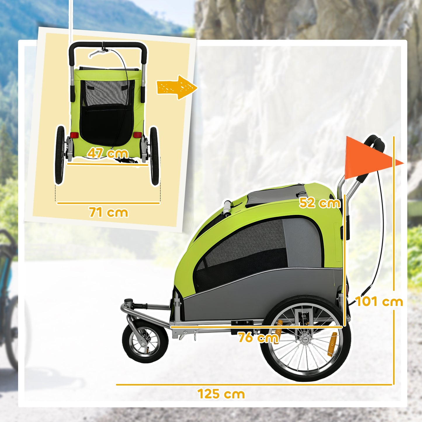 Pawhut Remolque De Bicicleta Para Perros Medianos 2 En 1 Con Suspensión Verde_2