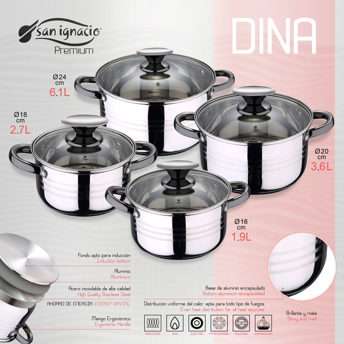 Pack De 3 Sartenes San Ignacio Ø16cm Ø20cm Ø24cm + Batería De Cocina De 8pc En Acero Inoxidable_4