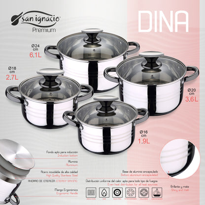 Bateria De Cocina 8 Piezas San Ignacio Dina De Acero Inoxidable Con Juego De Sartenes (16/20/24 Cm) San Ignacio Paradise De Aluminio Prensado_2