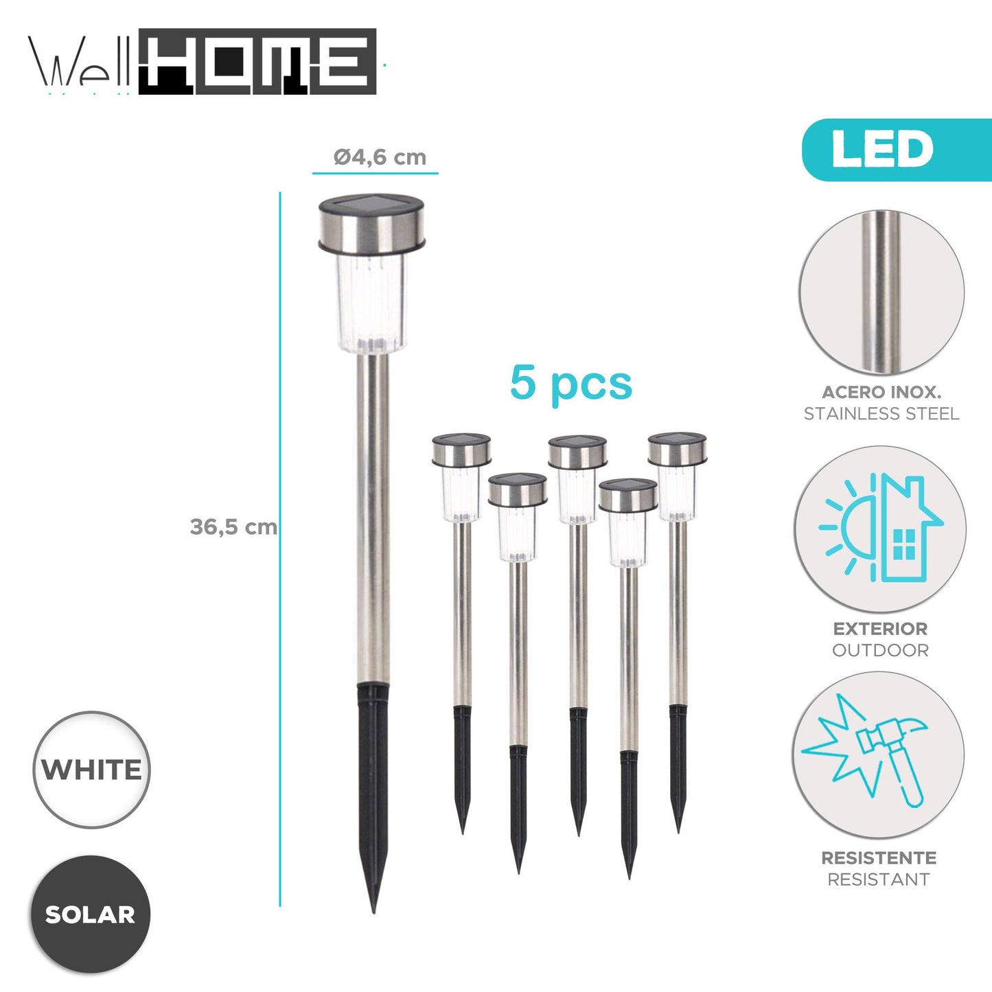 Well Home Juego De 5 Luces Solares Ø4,6cm En Acero Inoxidable