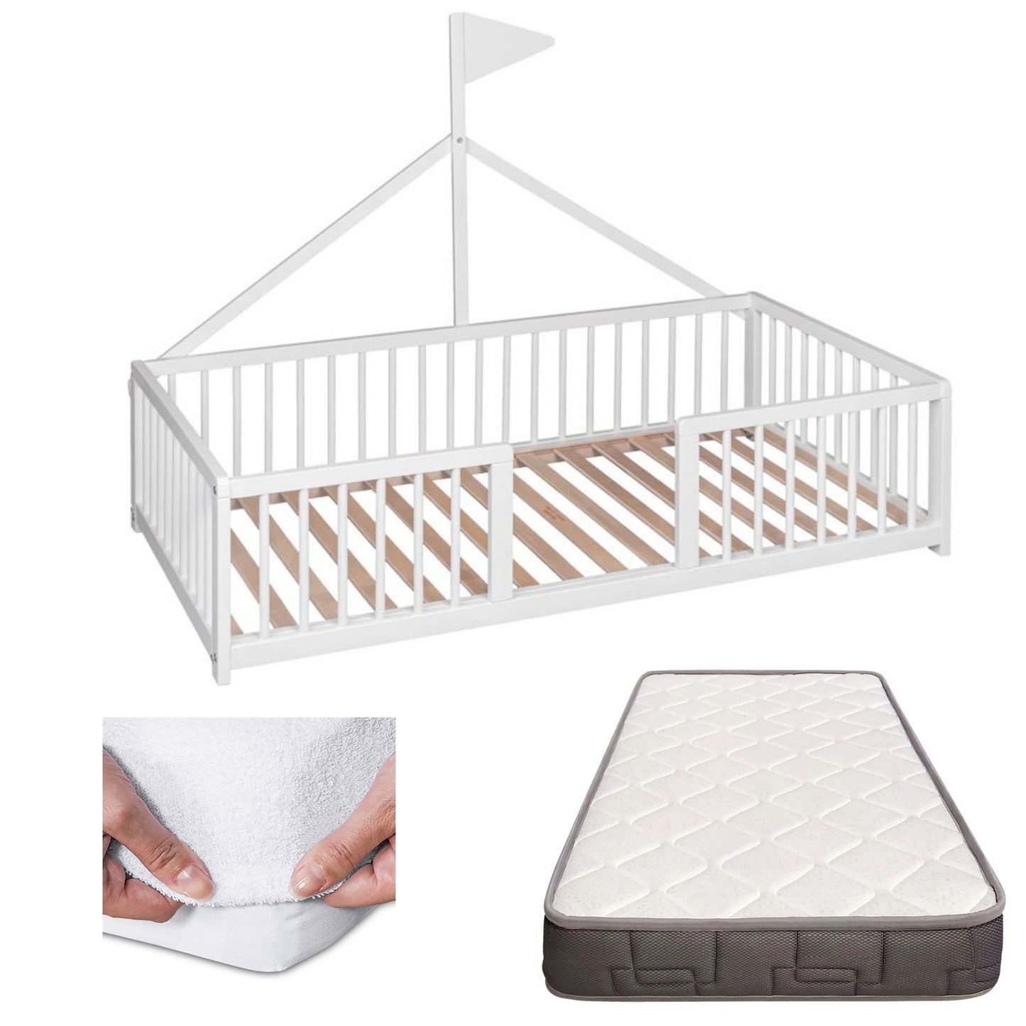 Cama Montessori Apache 140×70 Cm, Madera De Haya Con Colchón Morfeo Y Funda Impermeable, Color Blanco_0