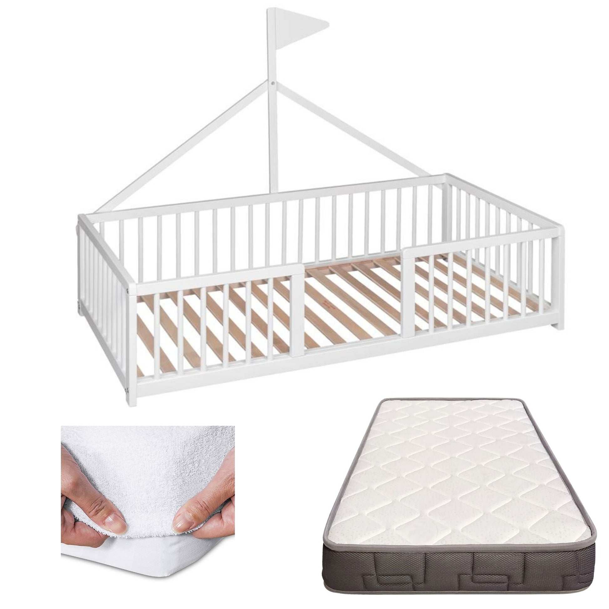 Cama Montessori Apache 140×70 Cm, Madera De Haya Con Colchón Morfeo Y Funda Impermeable, Color Blanco_0