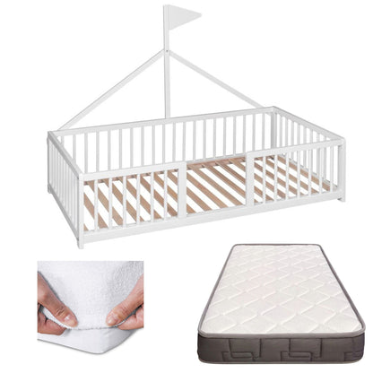 Cama Montessori Apache 140×70 Cm, Madera De Haya Con Colchón Morfeo Y Funda Impermeable, Color Blanco_0