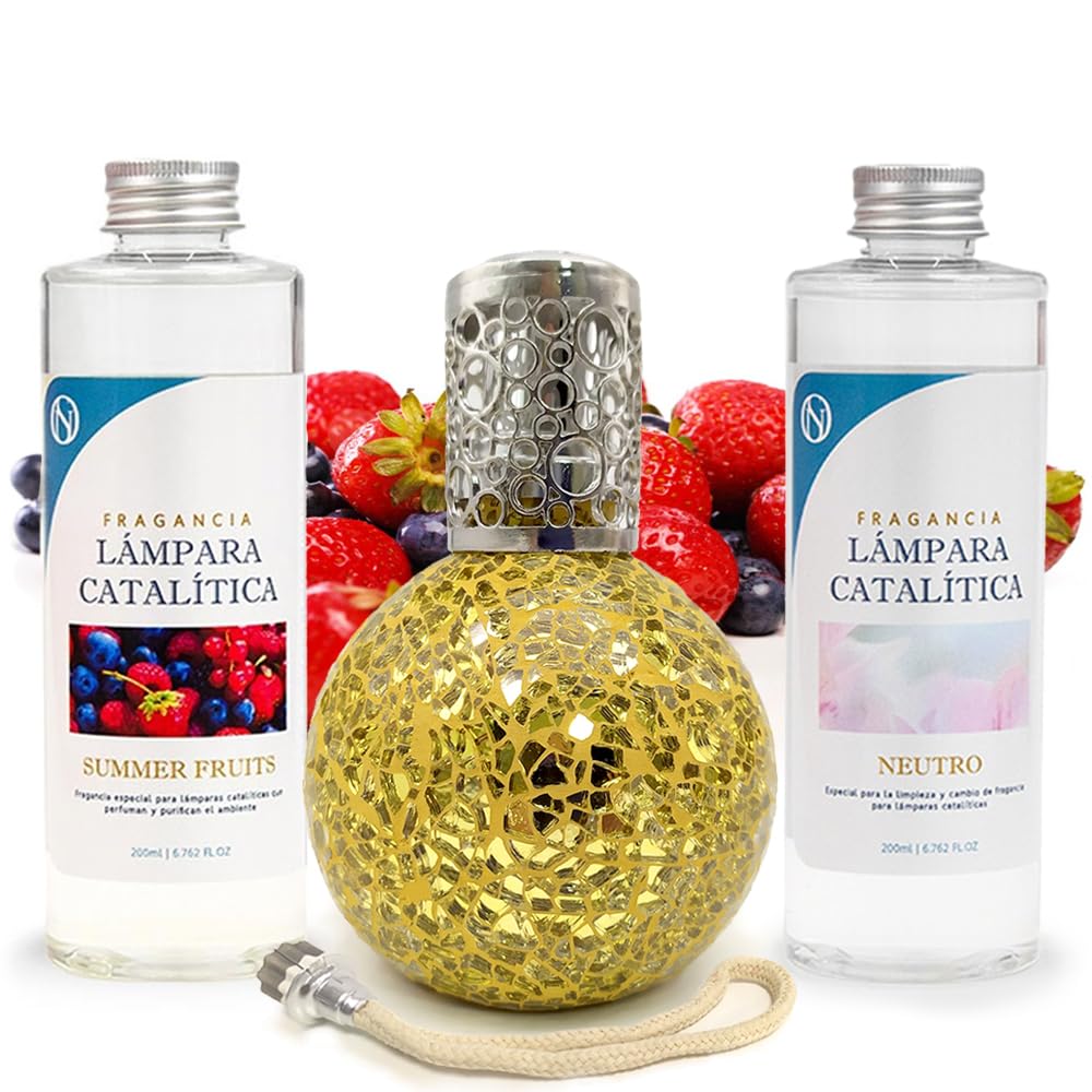 Pack Ahorro Lámpara Catalítica Mosaico Dorado + Fragancia Summer Fruits 200ml + Limpiador Neutro 200ml + Mecha Repuesto_0