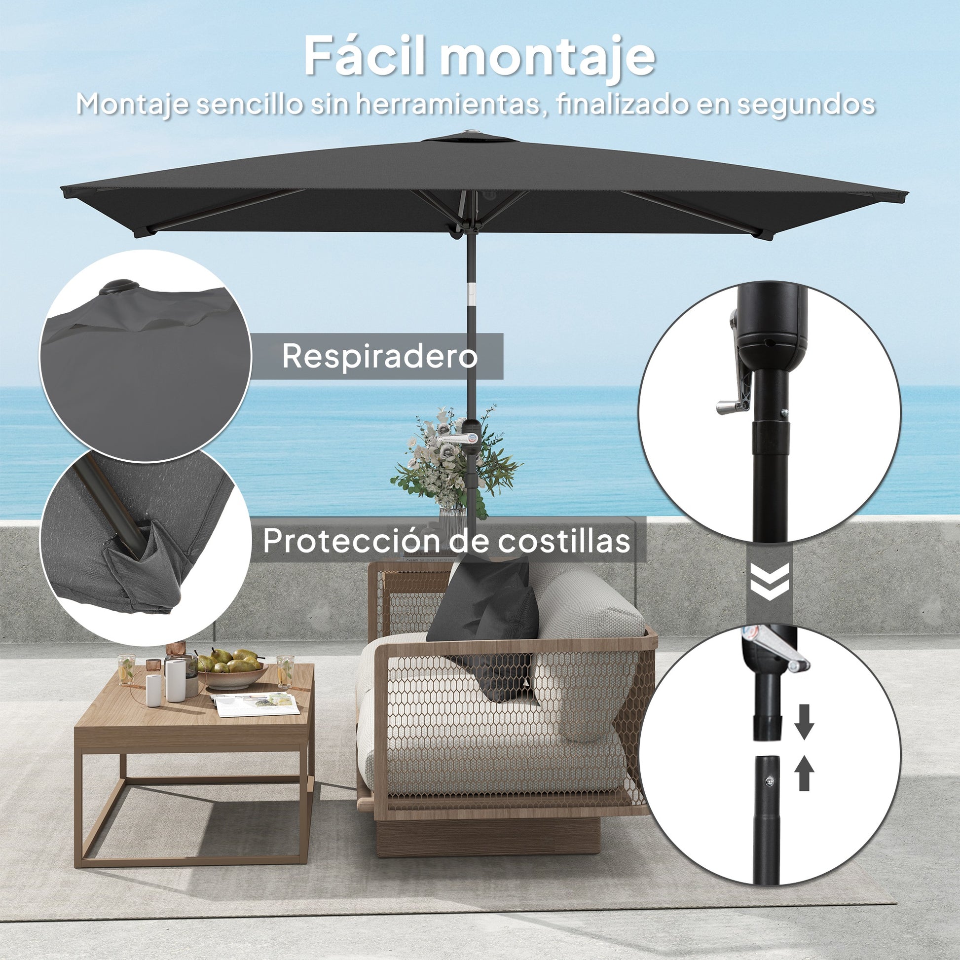 Outsunny Sombrilla De Terraza Exterior 200x300 Cm Con Ángulo Ajustable Gris_5