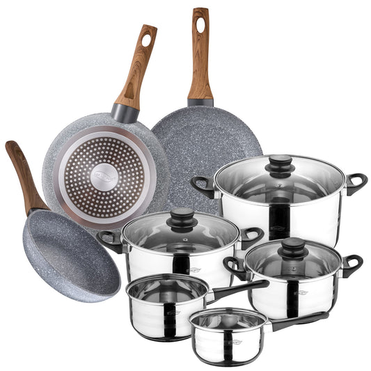 Bateria De Cocina 8 Piezas San Ignacio En Acero Inoxidable Con Juego De Sartenes (18,20,24 Cm) En Aluminio Forjado Colección Daimiel_0