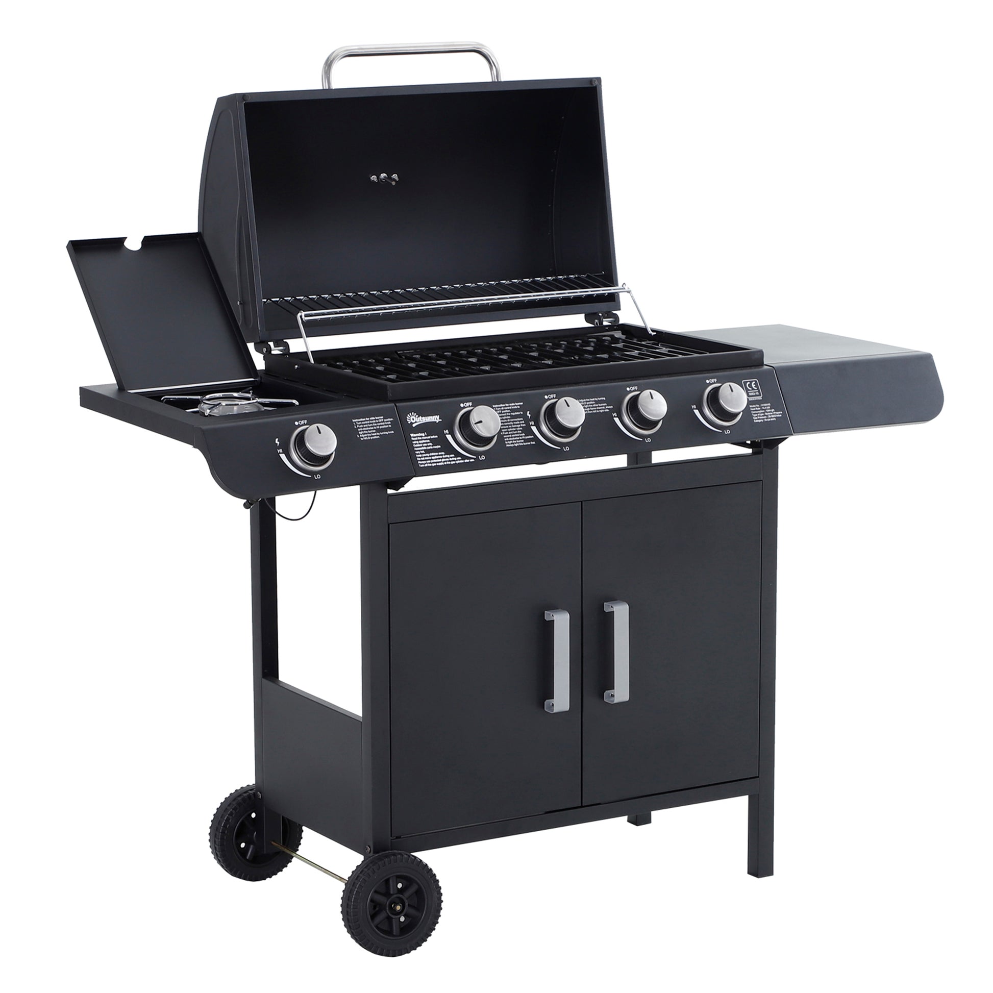 Outsunny Barbacoa De Gas Con Ruedas 4+1 Quemadores 14,4 Kw Y Mesas Laterales_0